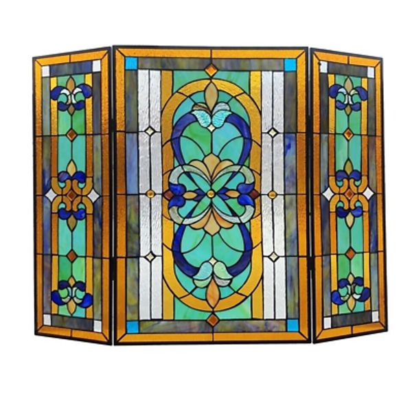 Tiffany Style Fireplace Screen Mission Stained Glass 3 Section   ONE THIS PRICE