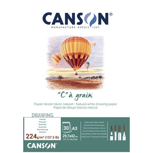Canson "C à Grain A3 224g White Drawing & Sketching Paper Pad, 30 Sheets, Fine Grain Texture, Glued on Short Side, Ideal for Professional Artists