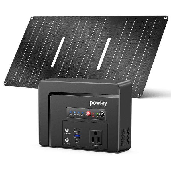 Powkey Portable Power Station with Solar Panel,100W/97Wh Small Portable Generator with Solar Panel 30W,Fast Charging Power Bank with AC Outlet/PD65W USB C/USB QC 3.0/DC for Outdoor Camping Home Backup