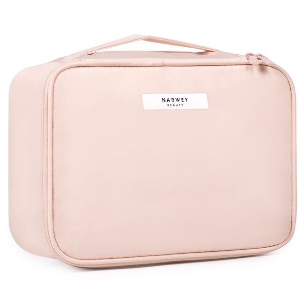 Narwey Makeup Bag Travel Cosmetic Bags with Brush Compartment, Portable Makeup Bag with Handle, Make up Bag Organizer Case with Brush Storage for Women (Soft Pink)