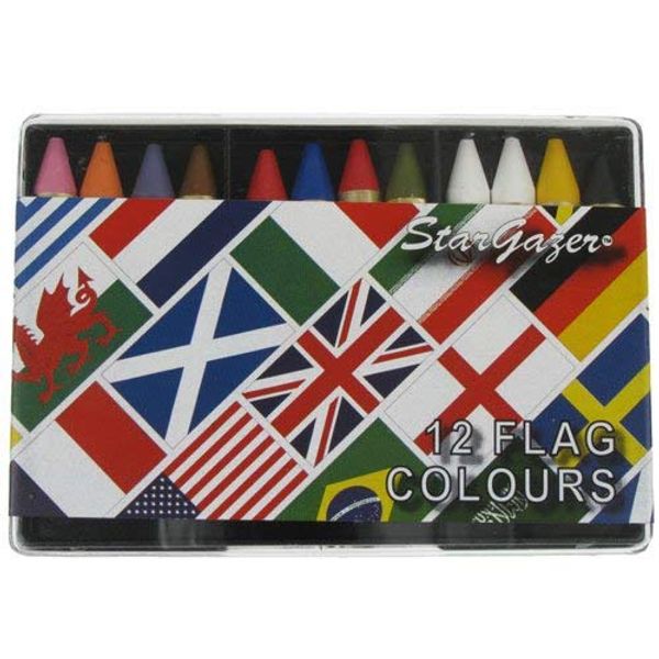 12 colour face paint crayon set, flag edition. Perfect face and body paints colour designed for sporting events.