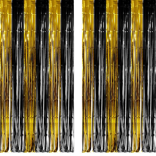 Black and Gold Foil Fringe Party Backdrop - GREATRIL Tinsel Curtain Streamers for New Years Eve Prom Retirement Farewell Cocktail EID Graduation Birthday Party Decorations - 1m X 2.5m - 2 Packs