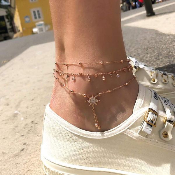 Missgrace Tassel Rhinestones Star Anklet Bracelets for Women Teen Girls Summer Beach Accessories Gold Sequins Anklet Chain with Leaf Chains Anklet Jewelry Gifts