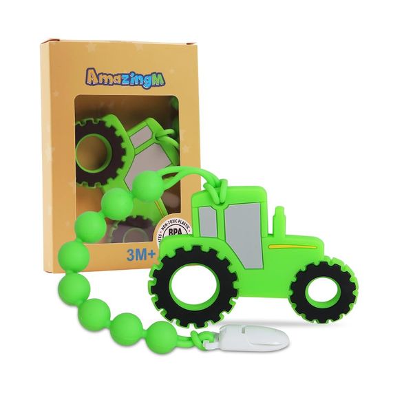 AmazingM Baby Food Grade Silicone Tractor Truck Teether Toy with One Piece Design Pacifier Clip Holder,Teething Pain Relief Toys Gift Set for 3 Months+ Boys and Girls,Freezer Safe,BPA Free. (Green)