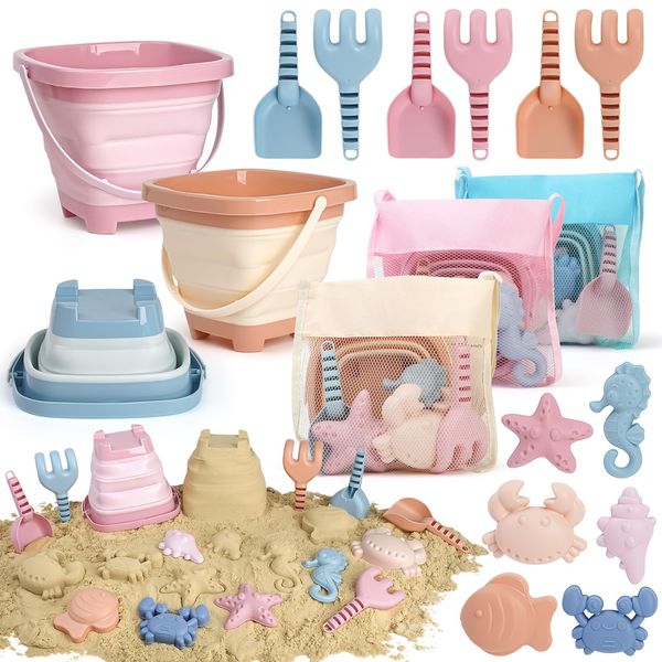 Dreamon Sandspielzeug Strandspielzeug Kinder, 18 PCS Reise Sandspielzeug mit Faltbarer Eimer, Sandkasten Strand Spielzeug für Kinder ab 1 2 3 4 5 Jahre Mädchen Junge