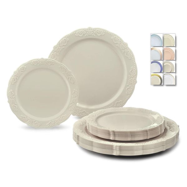 " OCCASIONS " 240 Plates Pack,(120 Guests) Vintage Wedding Party Disposable Plastic Plates Set -120 x 10.25'' Dinner + 120 x 7.5'' Salad / Dessert Plate (Portofino Ivory)