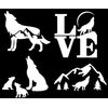Wolf Decal 4 Pack: Mountain Silhouette, Wolf and Cubs, Howling, Small (White, 3.5")