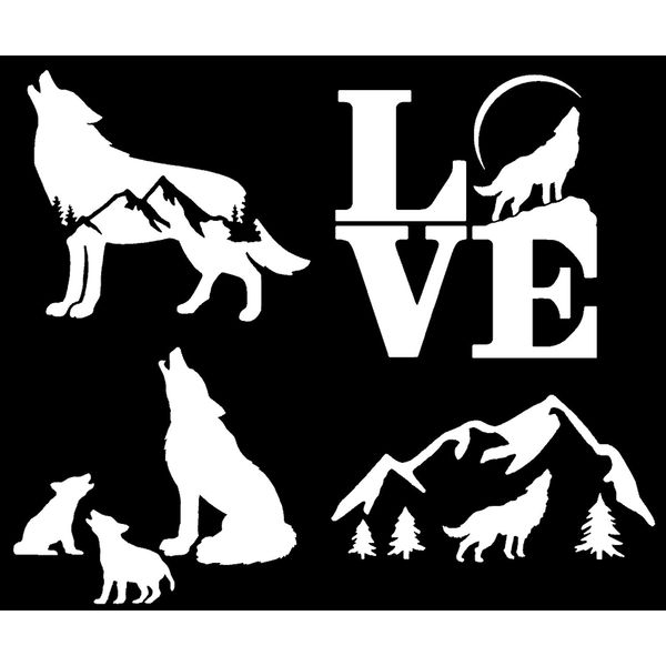 Wolf Decal 4 Pack: Mountain Silhouette, Wolf and Cubs, Howling, Small (White, 3.5")