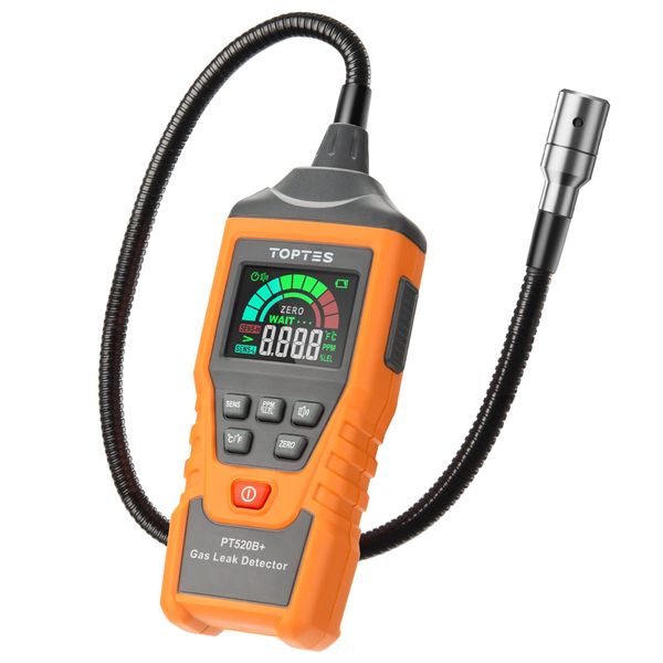 Gas Detector, TopTes PT520B+ Rechargeable Gas Leak Detector with a 43.5-cm Probe to Situate Gas Leaks for Propane, Natural Gas, Methane, LPG in RV or home, Measuring PPM or%LEL - Orange