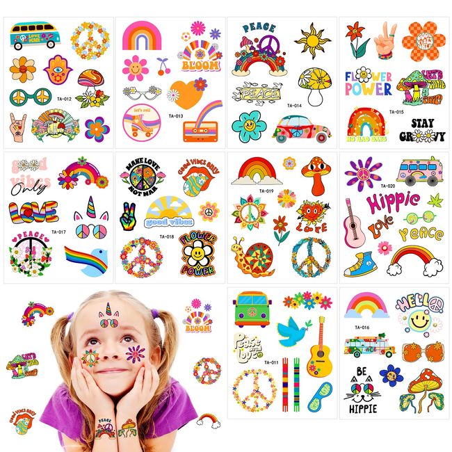 Qpout 10 STÜCKE Hippie Temporäre Tätowierung Trendige Hippie Blume Tattoo Aufkleber Gesichtstattoos für Erwachsene und Kinder Liebes- und Friedenszeichen Temporäre Tätowierung Party Favor Zubehör