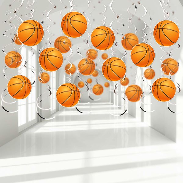 JarThenaAMCS 36Pcs Basketball Hanging Swirl Decoration Sports Ball Theme Ceiling Hanging Spirals Basketball Cutouts Hanging Ornaments for Sports Birthday Party Decor Supplies