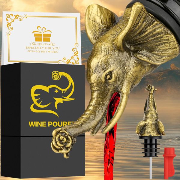 Elephant 2-in-1 Wine Bottle Pourer and Stopper, Elephant Gifts for Men Women Elephant Lovers, Liquor Bottle Pourers Spout for Alcohol Spirits, Wine Accessories Gifts, Bronze