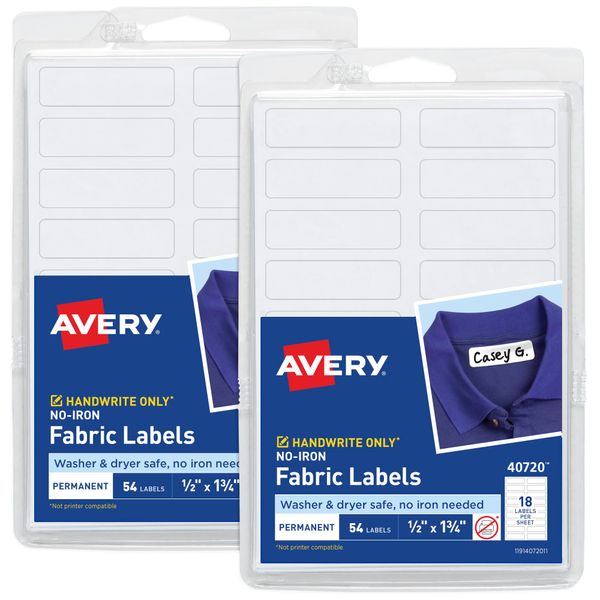 Avery No-Iron Fabric Labels, 1/2" x 1-3/4", Washer and Dryer Safe, White, Non-Printable, 54 Labels Per Pack, 2-Pack, 108 Blank Labels Total (32130)