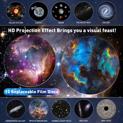 Mexllex Planetarium Star Projector, Realistic Galaxy Light Projector with 12 Planet Discs, Starry Sky Night Light Projector Lamp, Moon Night Light for Kids Adults Ceiling Bedroom Living Room, Party