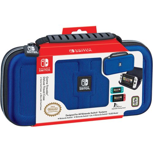 Game Traveler Nintendo Switch Deluxe OLED Case - Also for Switch & Switch Lite, Blue Ballistic Nylon, Viewing Stand & Bonus Game Cases, Deluxe Handle, Licensed by Nintendo, #1 Selling Case in USA