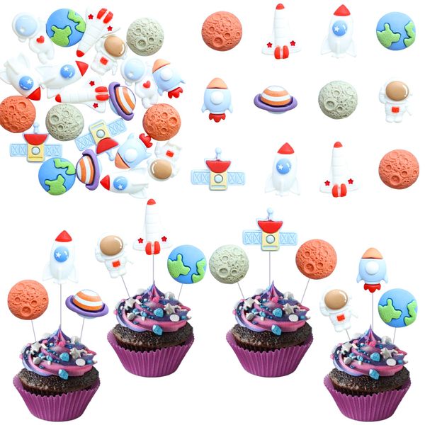 Gyufise 30Pcs Outer Space Cupcake Toppers Planet Rocket Spaceship Trip to the Moon Star Birthday Cupcake Picks Solar System Galaxy Universe Planets Birthday Decorations Supplies