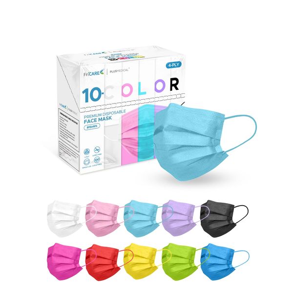 FriCARE 100Pcs Colorful 4 Ply Disposable Masks, Individually Wrapped Face Mask for Adults Women Men, Bright 10 Colors