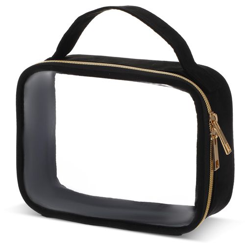 Wanmu TSA-Approved Clear Toiletry Bag, Large Opening Transparent Makeup Bag with Handle, Quart Sized Travel Cosmetic Bags, Carry-On Airport Airline Compliant Bags for Men Women (Black)