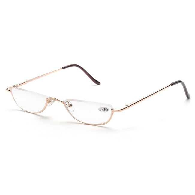 ZUVGEES Vintage Alloy Semi Rimless Reading Glasses Men Women Half Frame Slim Glasses with Stylish Case T0340 (Gold, 2.25)