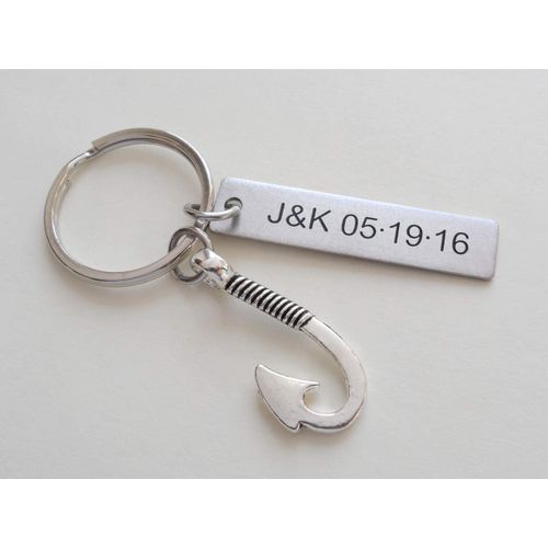 Custom Fish Hook Keychain with Engraved Tag for Couples or Best Friends Initials, Anniversary Gift Keychain