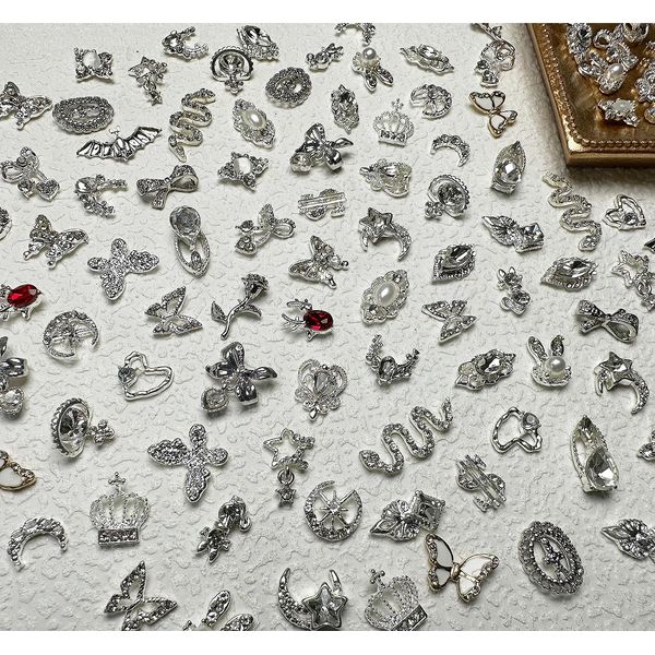 Silver Nail Charms for Acrylic Nails,30 PCS Mix Styles Nail Gems Shiny Pearl Alloy Nail Rhinestones Flower Butterfly Heart Star Snake Rabbit Charms for Nails Art DIY Design