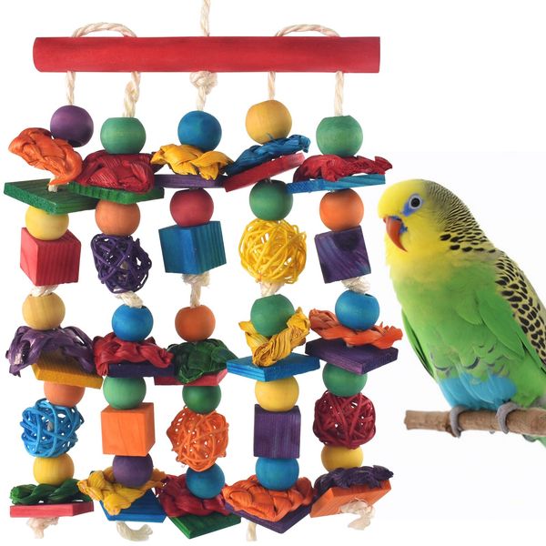 DBNESS Bird Toys,Parakeet Chewin Toys,Multicolored Natural Wooden Blocks Birds Parrot Tearing Toys mit Rattan Wicker Balls,for Medium Small Macaw Cockatoos Budgie Lovebird Cockatiel Conures