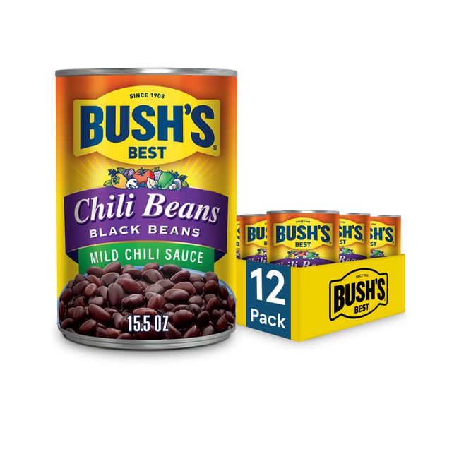 BUSH'S BEST 15.5 oz Canned Black Chili Beans/Mild, Source of Plant Based Protein and Fiber, Low Fat, Gluten Free, (Pack of 12)