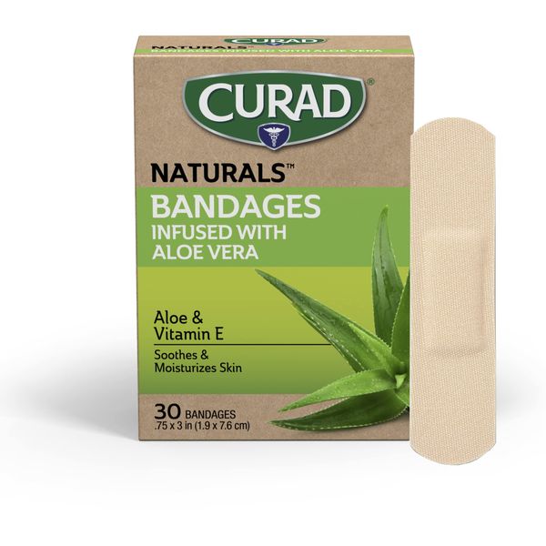 CURAD Naturals Aloe Vera & Vitamin E Bandages 0.75" x 3", Individually Wrapped Sterile Bandage, First Aid Kit Essential, Protects Scrapes and Cuts, Absorbent and Self-Adhesive, 30-Count Box