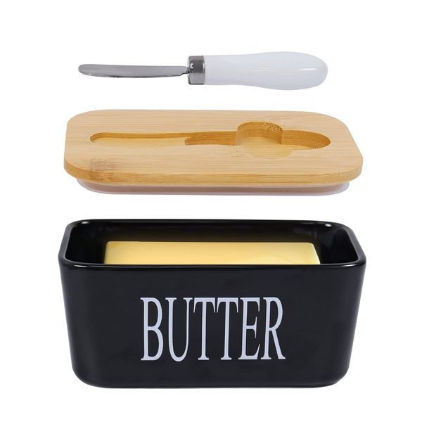 Porcelain Butter Dishes with Lids, Airtight Silicone Butter Box Butter Container for Butter,Nuts, Cheese,Black+ButterKnife