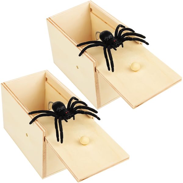 Pipihome Spider Scare Prank Box, 2 Pack Spider In A Box Prank, Wooden Fake Spider Prank Toys, Novelty Joke Toy Pranks for Kids Adults Halloween Birthday Christmas Parties