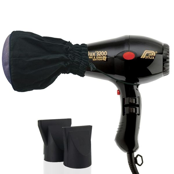 Parlux 3200 Compact Ceramic and Ionic Black Hair Dryer and M Hair Designs Metal Mesh Diffuser (Bundle 2 Items)