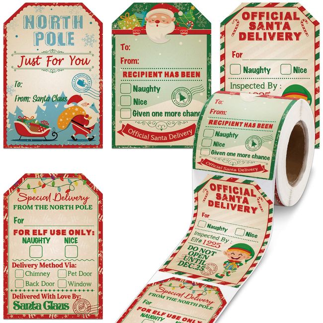 200 Pieces From Santa Claus Stickers Roll Vintage Christmas Tags Stickers Santa Delivery From The North Pole Present Stickers Labels for Kids Christmas Party Decorations, 2.3 x 3.34 Inch (Light Color)