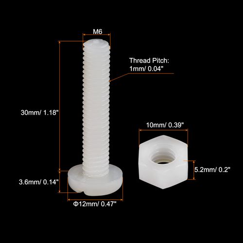 sourcing map 20 Pairs Nylon Screw Nut Assortment, M6x30mm Slotted Pan Head Screws & M6 Hex Nuts for Machinery, Electronics, White