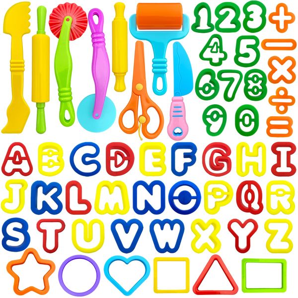 Playdough Tools 55 PCS Play Dough Tools Set for Kids, Play Dough Accessories Plastic Playdough Alphabet Numbers Shapes Cutters,Playdough Rollers,Dough Scissors