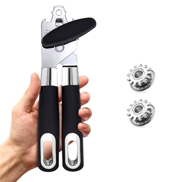 Navani Stainless Steel Can Opener Manual That Work Comes with 2 Additional Smooth Edge Tin Opener Replacement Blades and Also an Ergonomically Jar Opener Suitable for The Elderly with Arthritic Hands