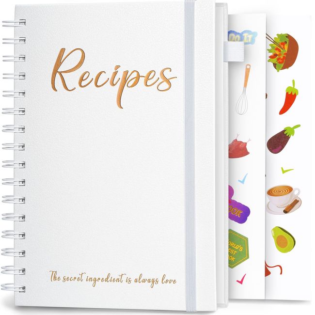 JUBTIC Recipe Book to Write in Your Own Recipes,Sprial Hardcover Personal Blank Recipe Book, Make Your Own Family Cookbook with Gold Foil Stickers, Recipe Notebook Hold 120 recipes - Pearl