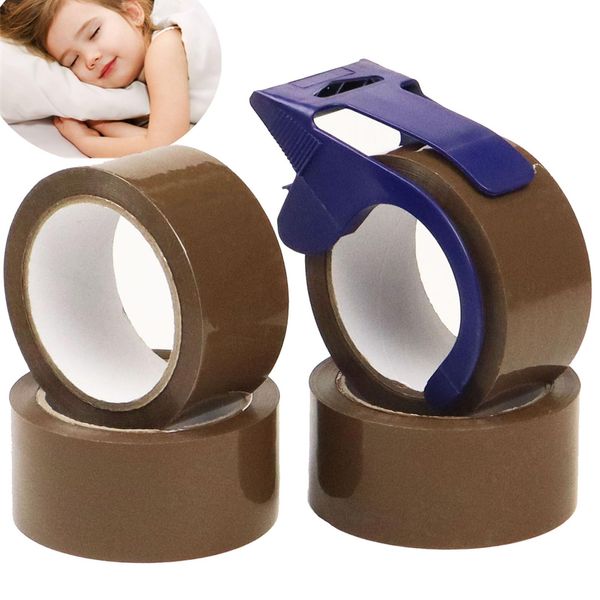 QILIMA No Noise Packing Tape, 4 Rolls with refillable Dispenser, Heavy Duty Shipping Tape for Sealing Packing, Moving, Office&Storage,2.7 mil, 1.88 inch x 55 Yards, Brown