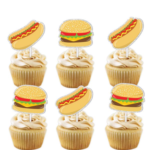 18pcs Gold Glitter Dessert Cupcake Topper Foody Fast Food Hot Dog Bun Bread Hamburger Dachshund Theme Decor Supplies Baby Shower Boy Girl Happy Birthday Decorations