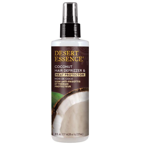 Desert Essence Hair Defrizzer & Heat Protector - 8.5 Fl Ounce - 100% Vegan - Wheat, Gluten & Silicone Free - Bouncy - Curly Hair - Coconut Extracts for Dry Scalp - Moisture Restoration - Damage Repair