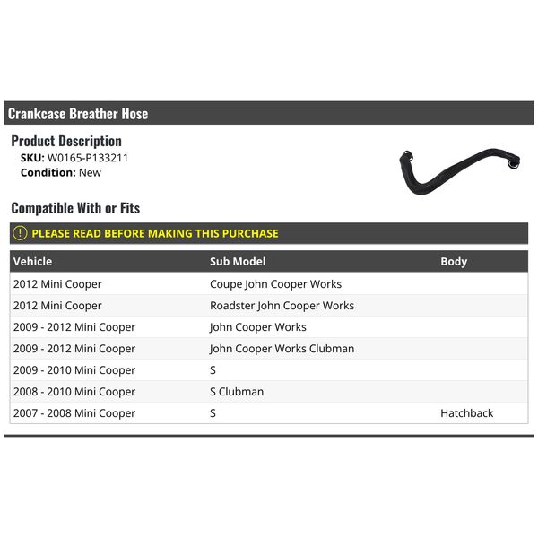 Crankcase Breather Hose - Compatible with 2007-2012 Mini Cooper Hatchback