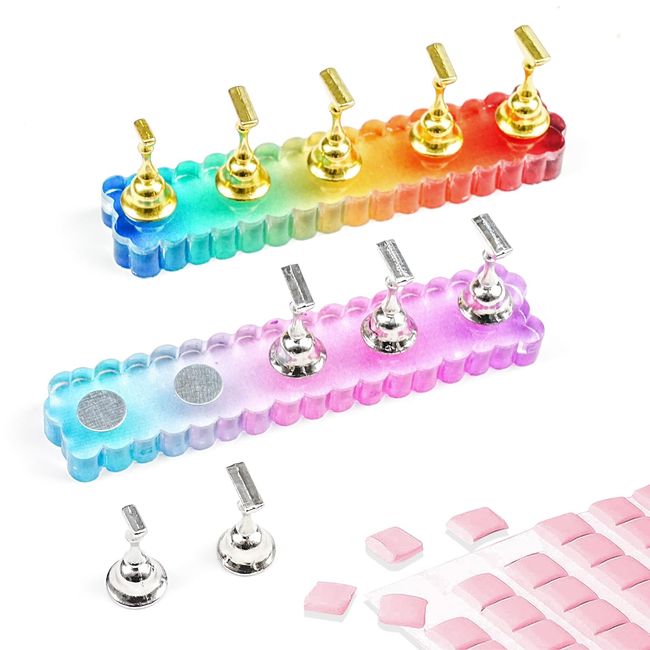 heemeei 2 Set Nail Stand, Colorful Nail Holder for Painting Nails with 96pcs Reusable Putty, Magnetic Nail Stand for Press Ons, Press On Nail Display Stand for Acrylic Nail Art Home Diy Salon