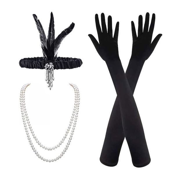 MIVAIUN 3 Pieces 1920s Flapper Headband Accessories Set, Vintage Flapper Feather Headband, Black Long Gloves, Pearl Necklace, Great Gatsby Costume Accessories, Retro Style Hair Accessories (3 Pieces)