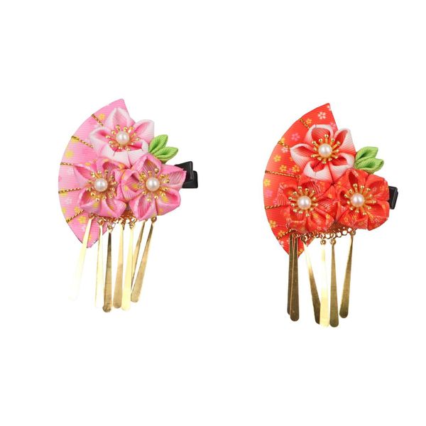 2Pcs Japanese Kimono Flower Hair Clips, Kimono Flower Hair Barrette Fan Shape Hairpin with Tassel Flower Hair Tie Band Clip Headdress Hair Accessories for Women Girls