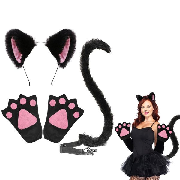 EUPSIIU 3 Pieces Cat Costume Fox Furry Animal Cat Ears Headband Faux Fur Fluffy Long Tail Cat Paw Gloves Unisex Fancy Dress Up AccessoryCat Cosplay for Adult Kid Halloween Party Stage Show (Black)