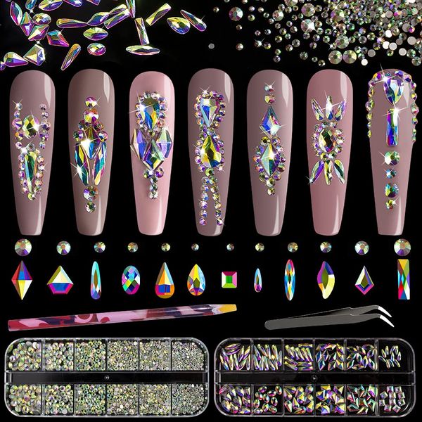 Multi Shapes 3D Glass AB Crystal Nail Art Rhinestones Kit with Flatback Round Bead Charm Gem Stone Jewelry Diamond with Pickup Pen + Tweezer for Manicure Craft Decoration by BELLEBOOST (Iridescent)