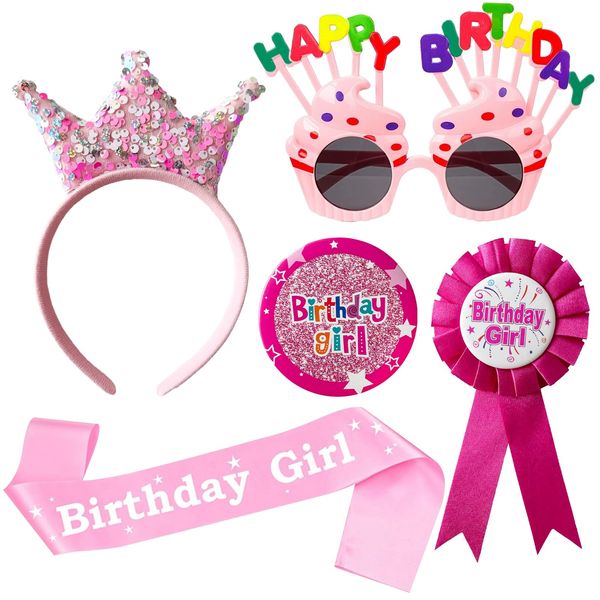 YumSur Birthday Crown Set for Girls, Birthday Girl Badge, King Crown Tiara Ribbon Medal, Personalised Birthday Girls Sash, Birthday Party Dress Up Set for Her, Kids, Adults, Children