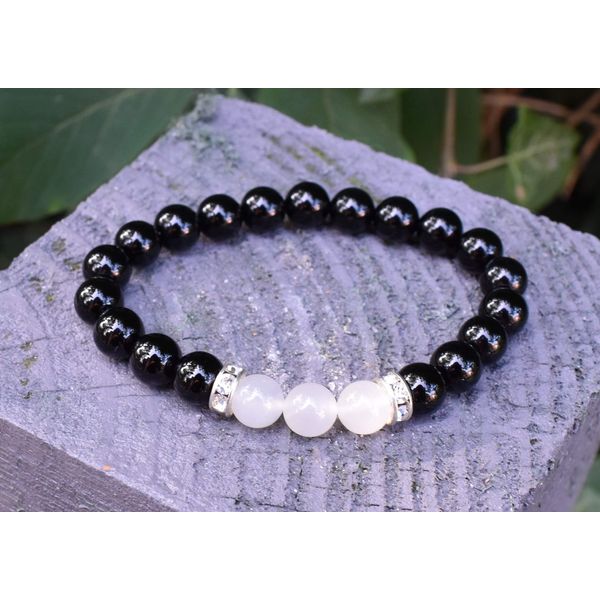 Reiki Energy Charged Black Agate & Moonstone Crystal Gemstone Beaded Bracelet (Beautifully Gift Wrapped)