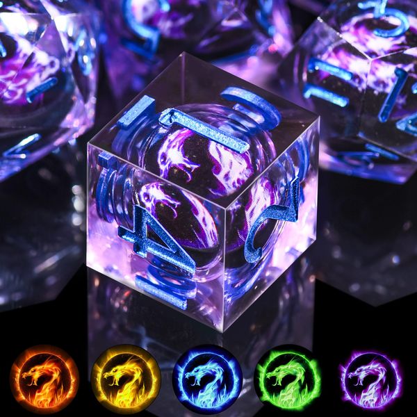 AUSTOR 7 Die DND Dice Set 7 Pieces Violet Flame Dragon Resin Dice Role Playing D and D Dice D20 D12 D10 D8 D6 D4 Sharp Edge Dungeons and Dragons Dice with Case