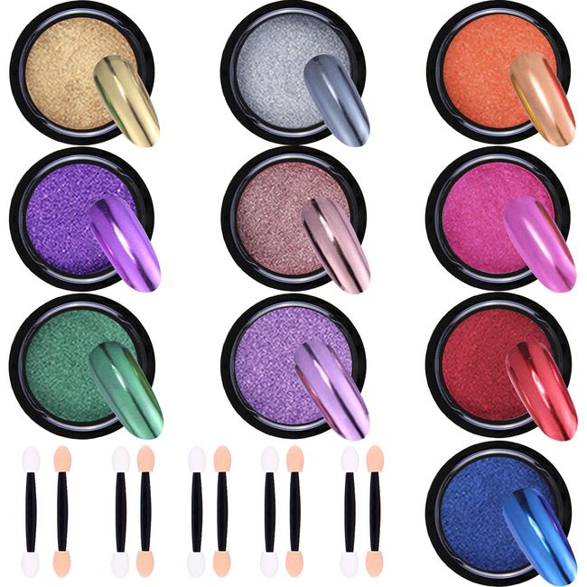 Duufin 10 Jars Chrome Nail Powder Mirror Nail Art Powder Metallic Chrome Powder with 10 Pcs Eyeshadow Sticks (1g/Jar)