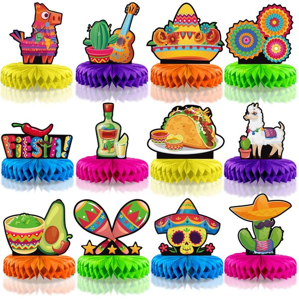 12 Pieces Fiesta Honeycomb Table Centerpiece, Cinco De Mayo Party Table Decorations, 8 Inch Mexican Table Centerpiece for Mexican Fiesta Decorations Theme Party Supplies